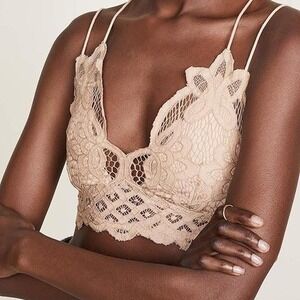 Free People FP One Adella Bralette Tan Floral Lace Smocked Boho Crop Top Small